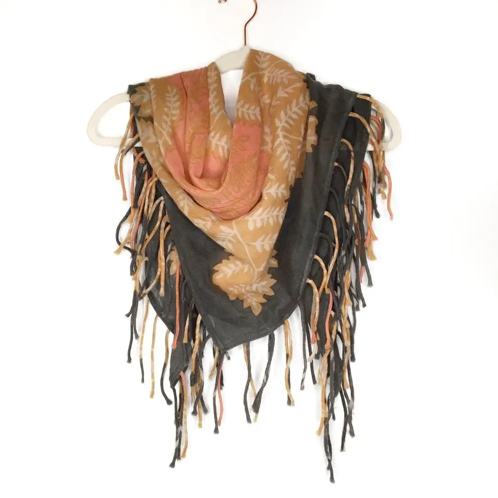 Coral pink and grey fringe scarf wrap